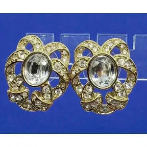 Vintage Trifari Earrings Gold & Clear Rhinestone Pierced Ribbon Design